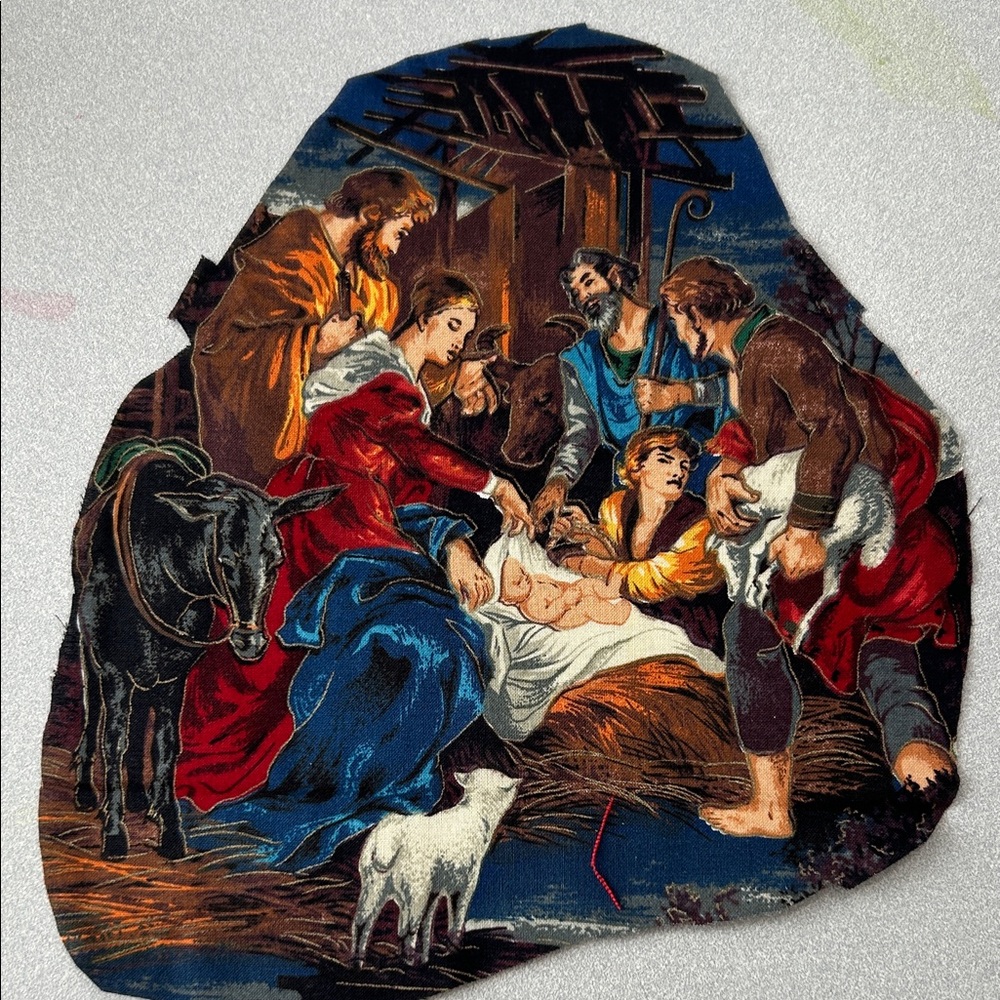 2 Pcs  Appliqué Vintage Nativity Scene Holiday Wall Art - Blue & Red